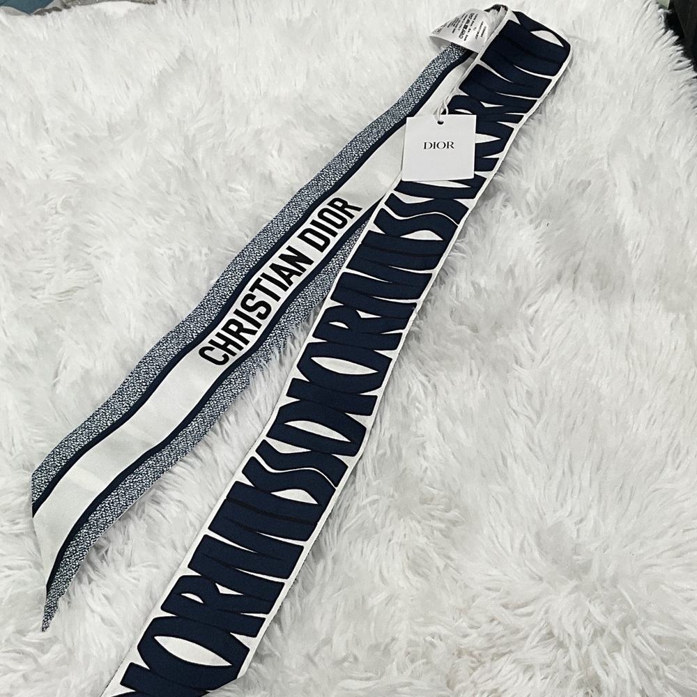 Dior Slim Logo Silk Scarf Tie - White & Navy - Picture 2 of 8